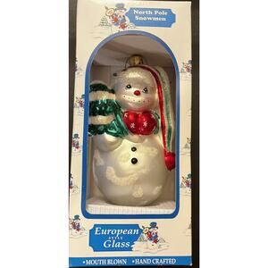 European Style Glass North Pole Snowmen ~ Blown Glass Christmas Ornament NIB ❄️